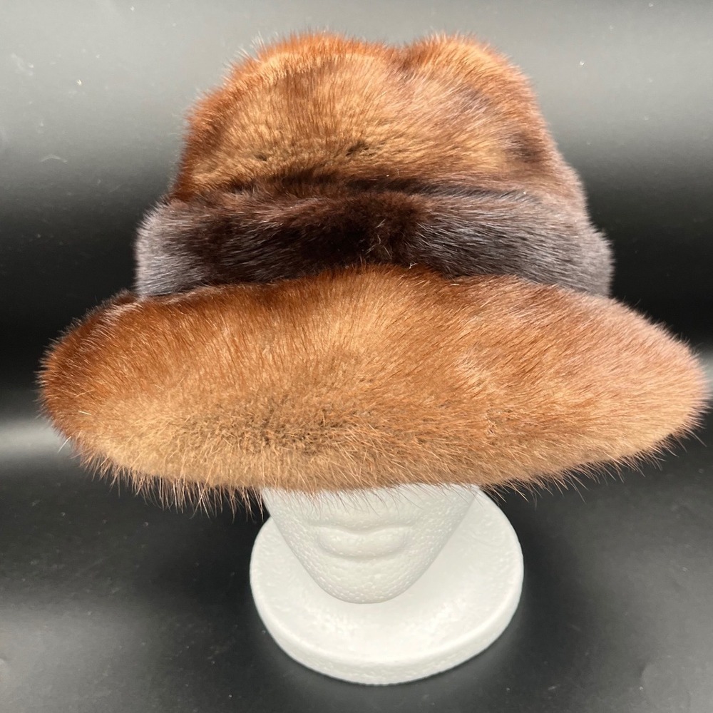 Jack Savidusky's Furquarters Vintage Mink Fur Hat Brown Striped Cloche‎ Bucket - Picture 3 of 8
